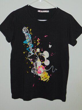 Uniqlo X Disney Mickey Mouse Guitar Shirt Womens Black Neon Paint Splatters XL